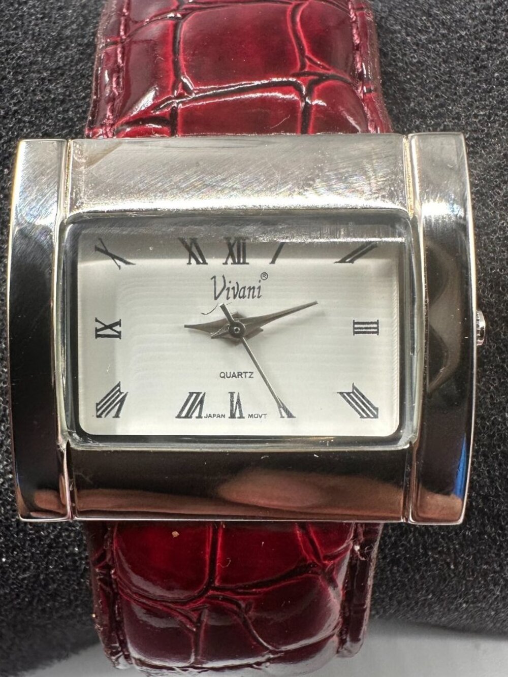 3/$30 Vivani Watch Women Silver Tone Red Patent Leather Cuff Band New Battery